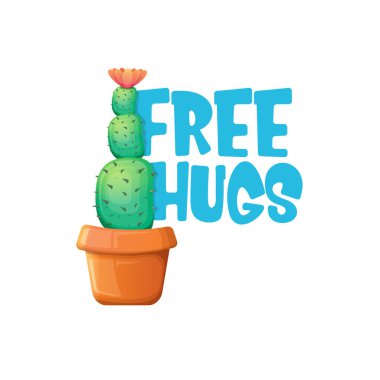 Beleş kucaklaşma mesajı ve menekşe arkaplanda yeşil kaktüsler. Tee 'de basım için sloganı ya da alıntısı olan komik bir ev bitkisi ikonu. Uluslararası Bedava Sarılma Günü konsepti