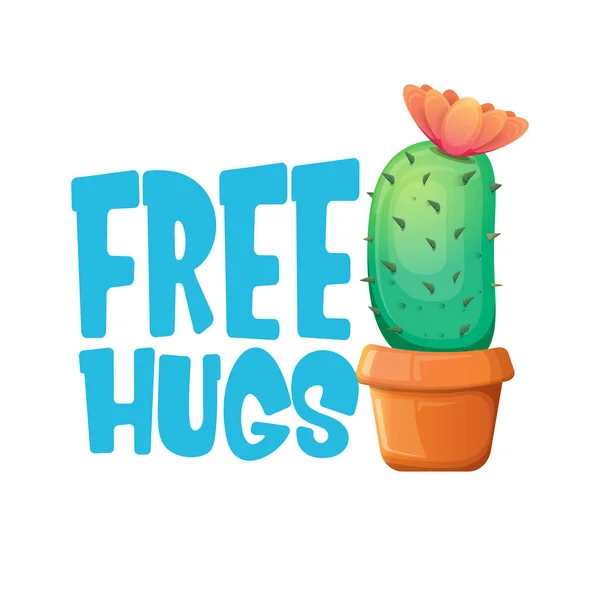 Free hugs text and cartoon green cactus in pot white on violet background. funny houseplant icon with quote or slogan for print on tee. International free hugs day concept — Stock Vector