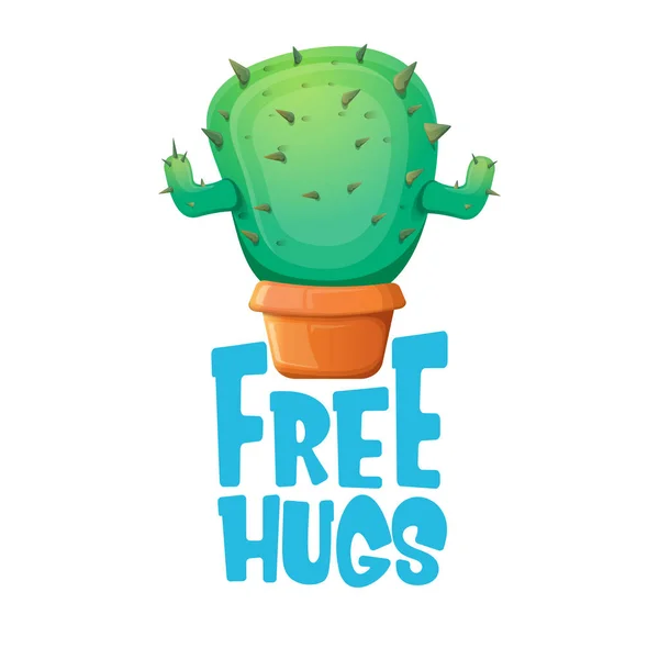 Abrazos gratis texto y dibujos animados cactus verde en maceta blanca sobre fondo violeta. divertido icono de la planta de interior con cotización o eslogan para imprimir en tee. Internacional abrazos gratis concepto de día — Vector de stock