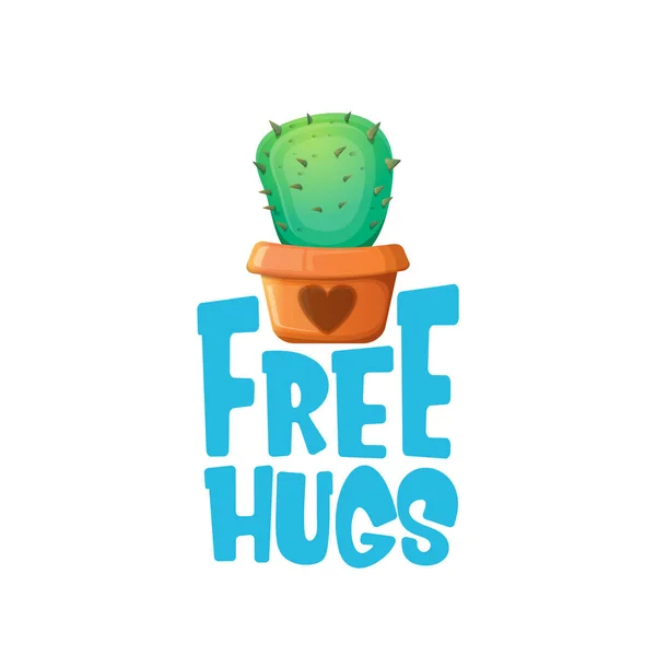 Gratis knuffels tekst en cartoon groene cactus in pot wit op violette achtergrond. grappige kamerplant icoon met citaat of slogan voor print op tee. International gratis knuffels dag concept — Stockvector