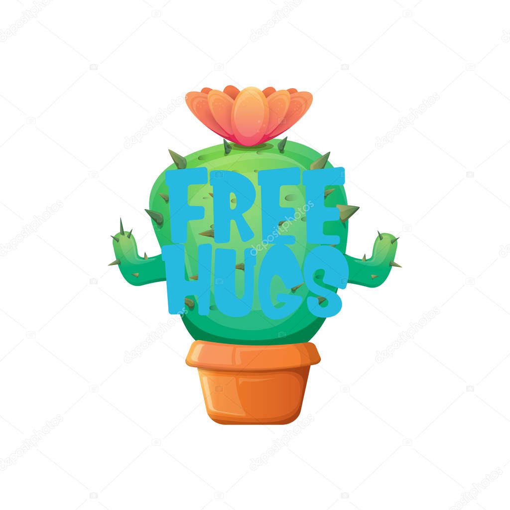 Free hugs text and cartoon green cactus in pot white on violet background. funny houseplant icon with quote or slogan for print on tee. International free hugs day concept