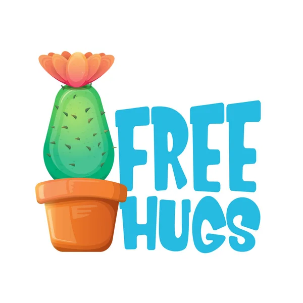 Gratis knuffels tekst en cartoon groene cactus in pot wit op violette achtergrond. grappige kamerplant icoon met citaat of slogan voor print op tee. International gratis knuffels dag concept — Stockvector