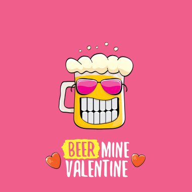 Bira madeni, sevgililer günü kartı, tebrik kartı ve pembe arka planda izole edilmiş bira camı çizgi film karakteri. Vektör yetişkin sevgililer günü partisi afiş tasarımı şablonu ve komik slogan