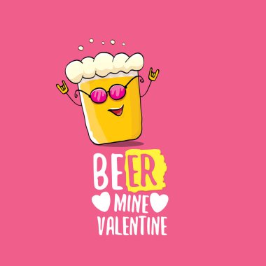 Bira madeni, sevgililer günü kartı, tebrik kartı ve pembe arka planda izole edilmiş bira camı çizgi film karakteri. Vektör yetişkin sevgililer günü partisi afiş tasarımı şablonu ve komik slogan