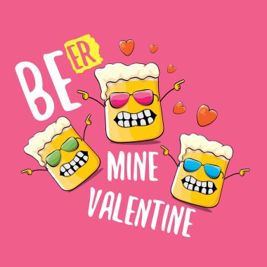 Bira madeni, sevgililer günü kartı, tebrik kartı ve pembe arka planda izole edilmiş bira camı çizgi film karakteri. Vektör yetişkin sevgililer günü partisi afiş tasarımı şablonu ve komik slogan