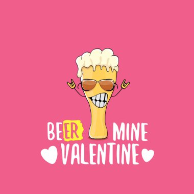 Bira madeni, sevgililer günü kartı, tebrik kartı ve pembe arka planda izole edilmiş bira camı çizgi film karakteri. Vektör yetişkin sevgililer günü partisi afiş tasarımı şablonu ve komik slogan