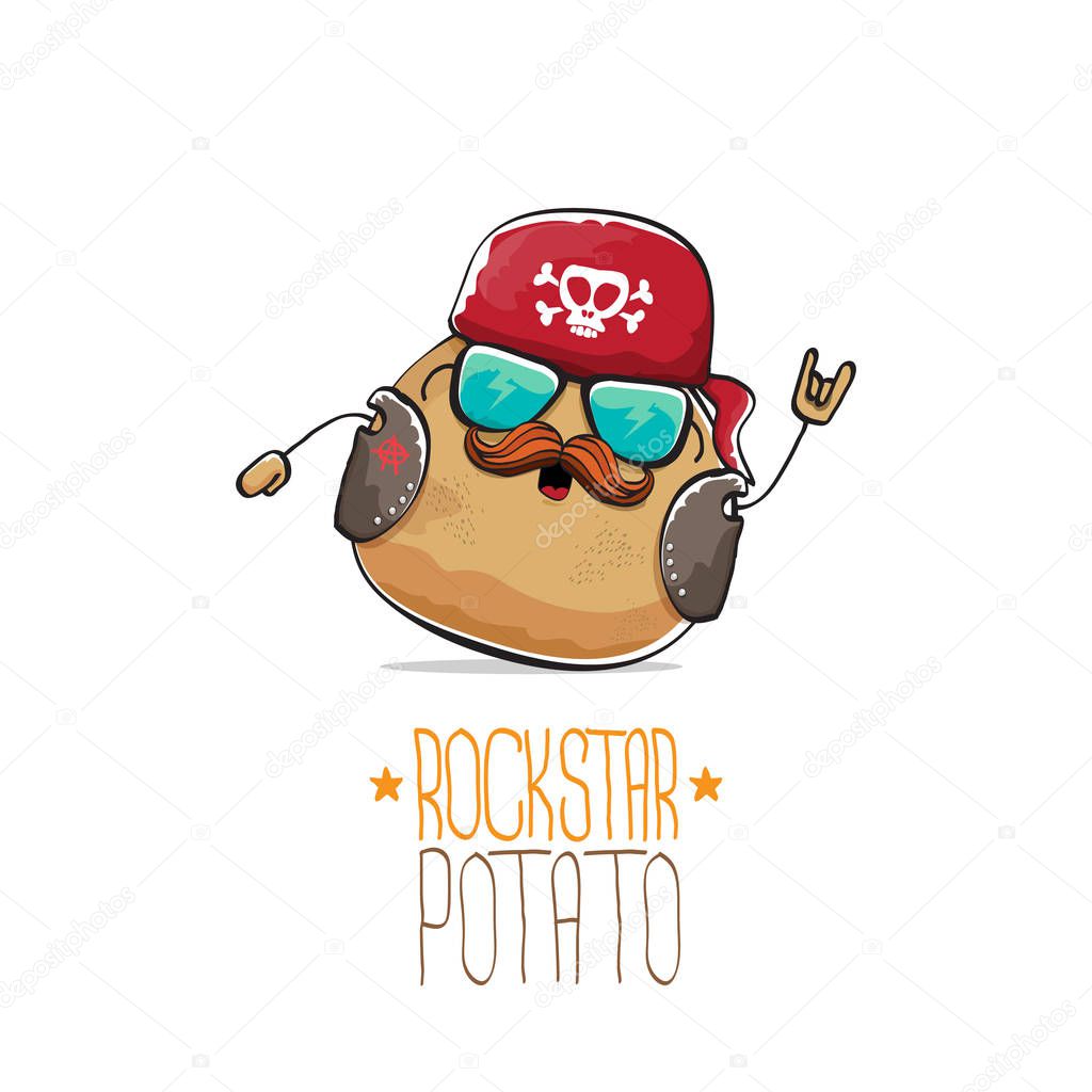 Vector rock star potato cartoon cute character with bandana, leather jacket, sunglasses and moustache isolated on white background. rock n roll hipster vegetable funky character