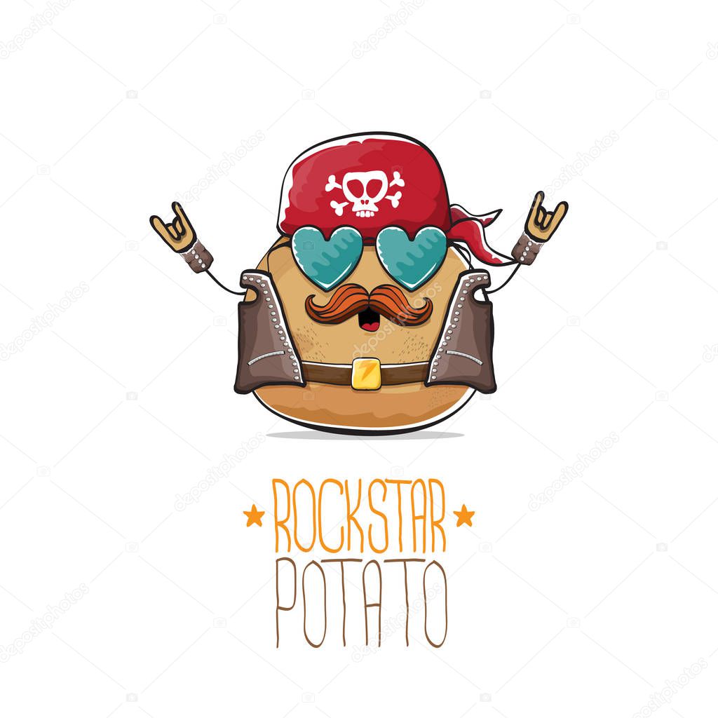 Vector rock star potato cartoon cute character with bandana, leather jacket, sunglasses and moustache isolated on white background. rock n roll hipster vegetable funky character