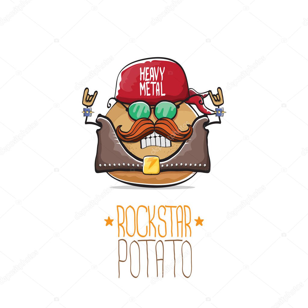 Vector rock star potato cartoon cute character with bandana, leather jacket, sunglasses and moustache isolated on white background. rock n roll hipster vegetable funky character