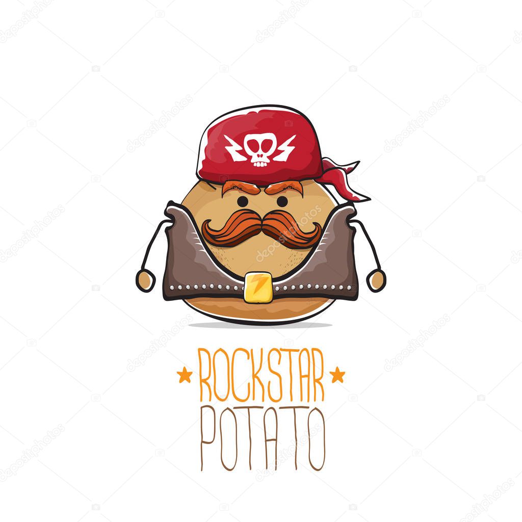 Vector rock star potato cartoon cute character with bandana, leather jacket, sunglasses and moustache isolated on white background. rock n roll hipster vegetable funky character