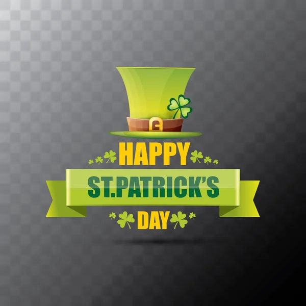 Saint patricks day label or poster with green hat, lucky clovers and vintage ribbon isolated on transparent background. vector saint patriks day banner or greeting card — Stock Vector