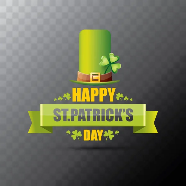 Saint patricks day label or poster with green hat, lucky clovers and vintage ribbon isolated on transparent background. vector saint patriks day banner or greeting card — Stock Vector