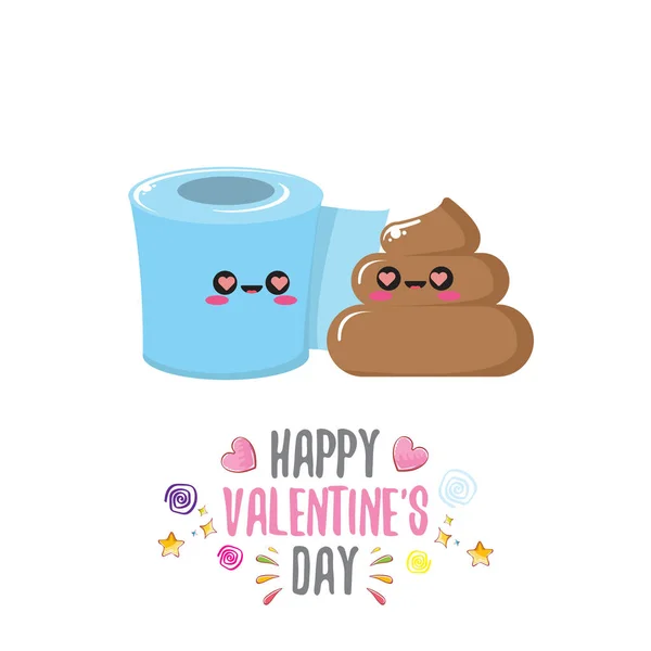 Papel higiénico y caca funky enamorándose. Caricatura de San Valentín tarjeta de felicitación funky o pancarta con rollo de papel y personaje de caca aislado sobre fondo blanco. 14 febrero lindo banner creativo — Archivo Imágenes Vectoriales