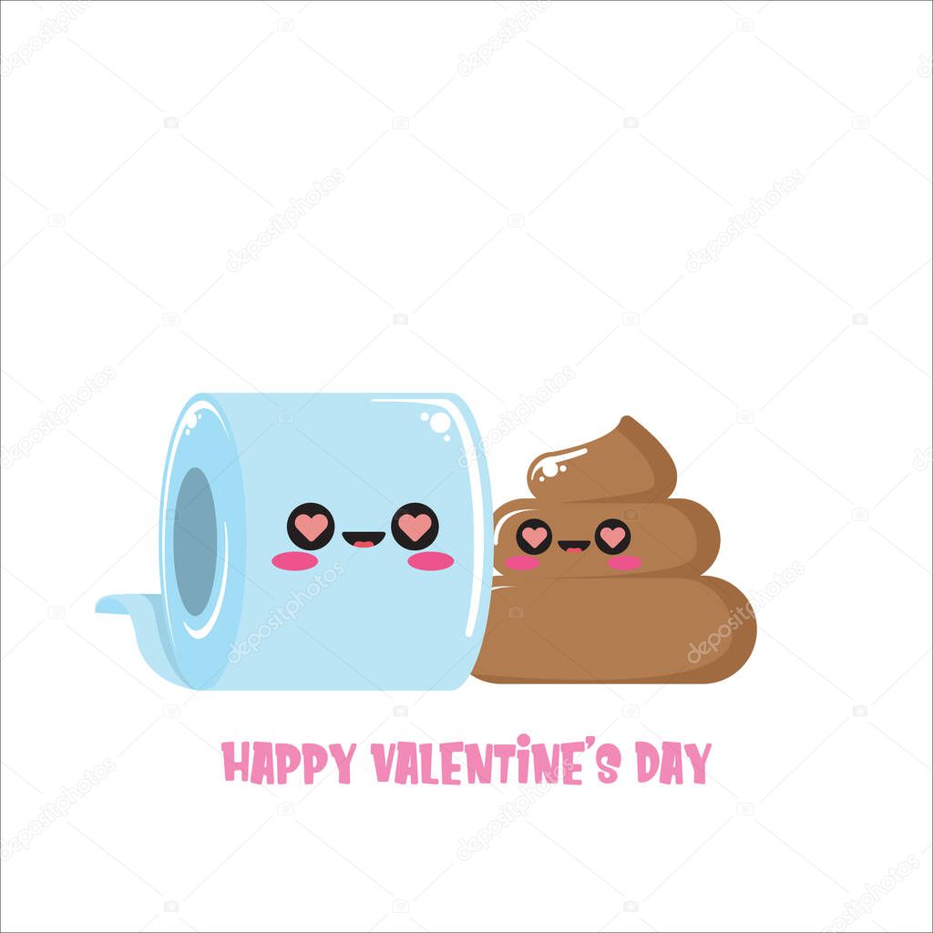 Funky poo and toilet paper in love. Valentines day cartoon funky greeting card or banner with paper roll and poo character isolated on white background. 14 february creative cute banner