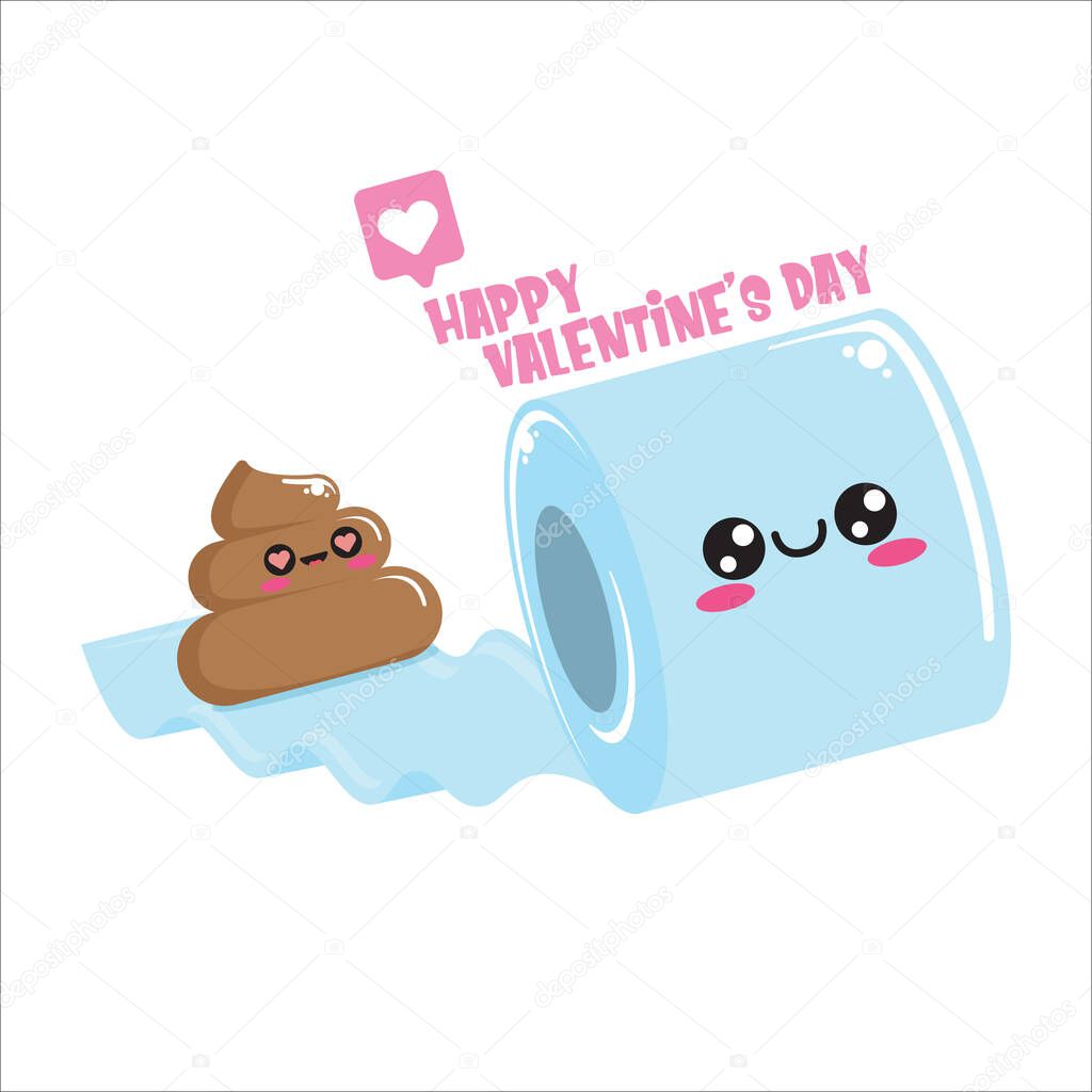 Funky poo and toilet paper in love. Valentines day cartoon funky greeting card or banner with paper roll and poo character isolated on white background. 14 february creative cute banner