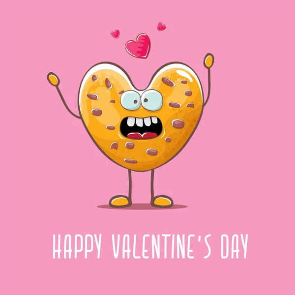 Vector funny hand drawn valentines day greeting card with homemade chocolate chip heart shape cookie character isolated on pink background. Happy Valentines day cartoon pink banner or poster. — 스톡 벡터