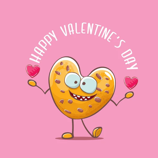 Vector funny hand drawn valentines day greeting card with homemade chocolate chip heart shape cookie character isolated on pink background. Happy Valentines day cartoon pink banner or poster. — Stock Vector