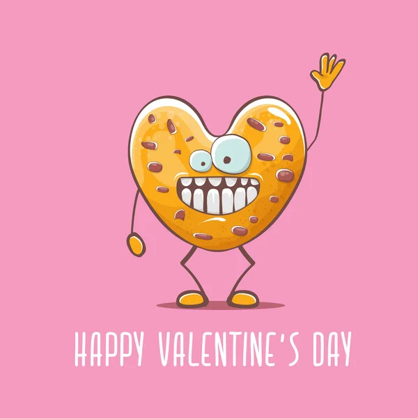 Vector funny hand drawn valentines day greeting card with homemade chocolate chip heart shape cookie character isolated on pink background. Happy Valentines day cartoon pink banner or poster. — 스톡 벡터