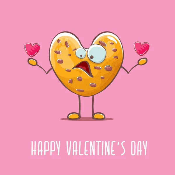 Vettore divertente mano disegnato San Valentino biglietto di auguri giorno con gocce di cioccolato fatto in casa a forma di cuore carattere cookie isolato su sfondo rosa. Buon San Valentino cartoni animati rosa banner o poster . — Vettoriale Stock