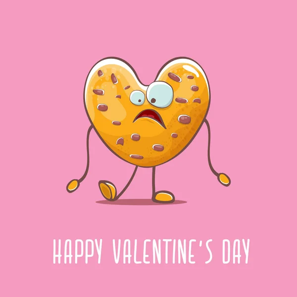 Vector funny hand drawn valentines day greeting card with homemade chocolate chip heart shape cookie character isolated on pink background. Happy Valentines day cartoon pink banner or poster. — 스톡 벡터