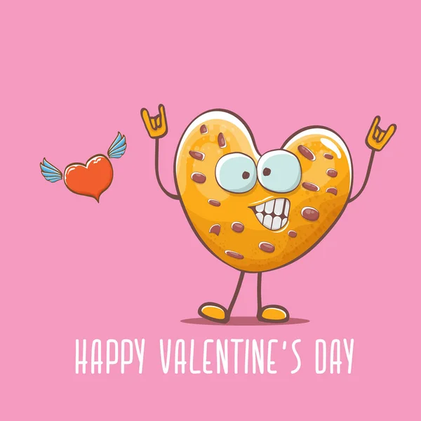 Vector funny hand drawn valentines day greeting card with homemade chocolate chip heart shape cookie character isolated on pink background. Happy Valentines day cartoon pink banner or poster. — Stock Vector