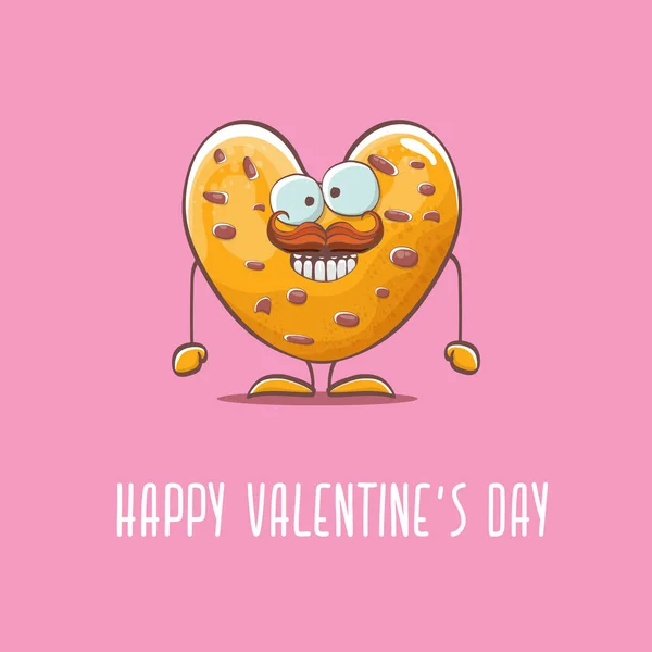 Vektor vicces kézzel rajzolt Valentin napi üdvözlőkártya házi csokoládé chip szív alakú cookie karakter elszigetelt rózsaszín háttér. Boldog Valentin-napot rajzfilm rózsaszín banner vagy poszter. — Stock Vector
