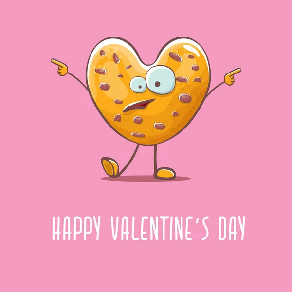 Vecteur drôle carte de vœux de Saint Valentin dessinée à la main avec chocolat maison puce coeur forme cookie personnage isolé sur fond rose. Bannière ou affiche Happy Valentines day dessin animé rose . — Image vectorielle