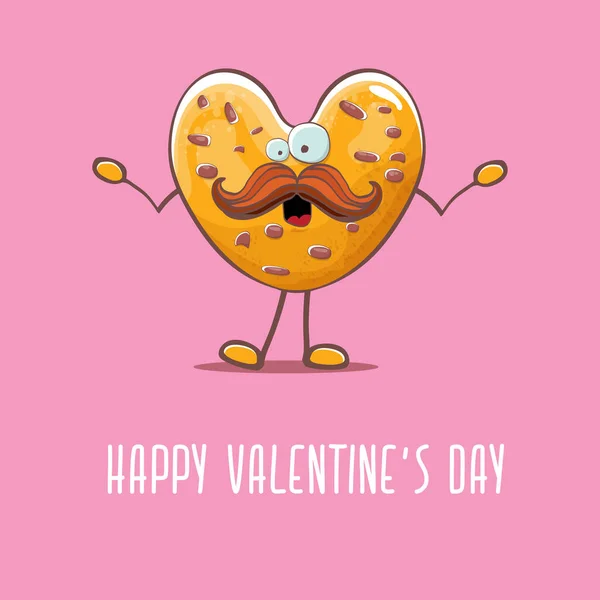 Tarjeta de felicitación de día de San Valentín dibujado a mano divertido vector con chip de chocolate casero carácter de galleta en forma de corazón aislado sobre fondo rosa. Feliz día de San Valentín caricatura banner rosa o cartel . — Vector de stock