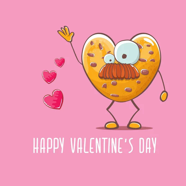 Vektor vicces kézzel rajzolt Valentin napi üdvözlőkártya házi csokoládé chip szív alakú cookie karakter elszigetelt rózsaszín háttér. Boldog Valentin-napot rajzfilm rózsaszín banner vagy poszter. — Stock Vector