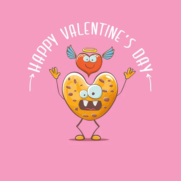 Vector funny hand drawn valentines day greeting card with homemade chocolate chip heart shape cookie character isolated on pink background. Happy Valentines day cartoon pink banner or poster. — Stock Vector