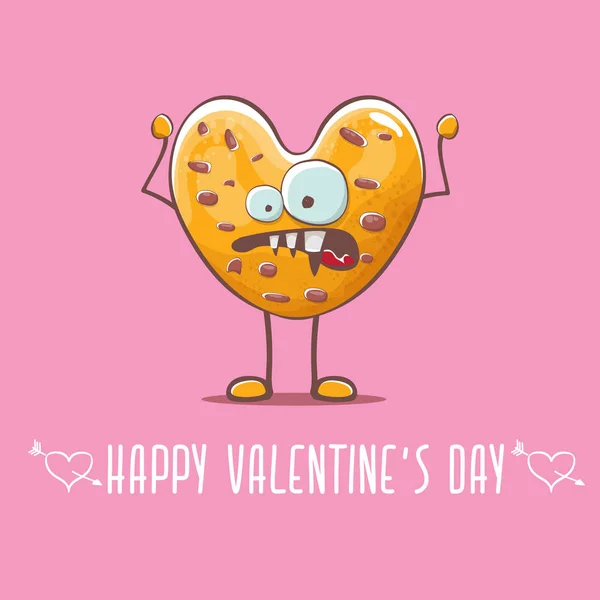 Vector grappige hand getekend Valentijnsdag wenskaart met zelfgemaakte chocolade chip hart vorm koekje karakter geïsoleerd op roze achtergrond. Gelukkige Valentijnsdag cartoon roze banner of poster. — Stockvector