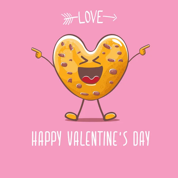 Vector funny hand drawn valentines day greeting card with homemade chocolate chip heart shape cookie character isolated on pink background. Happy Valentines day cartoon pink banner or poster. — Stock Vector