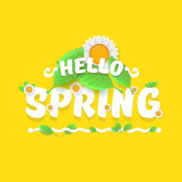 Vector hola banner de papel de corte de primavera con texto y flores. hola lema de primavera o etiqueta aislada en naranja — Vector de stock