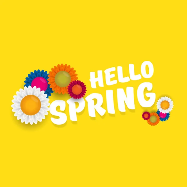 Merhaba yay kesimi yazılı kağıt pankartı ve çiçeklerle. Merhaba bahar sloganı veya portakala izole edilmiş etiket — Stok Vektör
