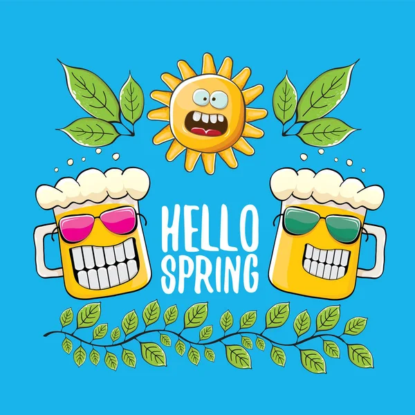 Hello spring concept illustration with vector cartoon funky beer glass character, flowers, green leaves and spring orange sun character isolated on blue background. — Stock Vector