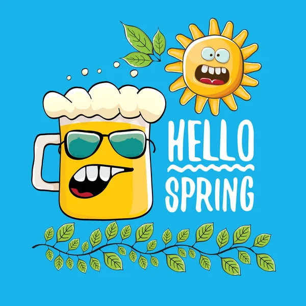 Hello spring concept illustration with vector cartoon funky beer glass character, flowers, green leaves and spring orange sun character isolated on blue background. — Stock Vector