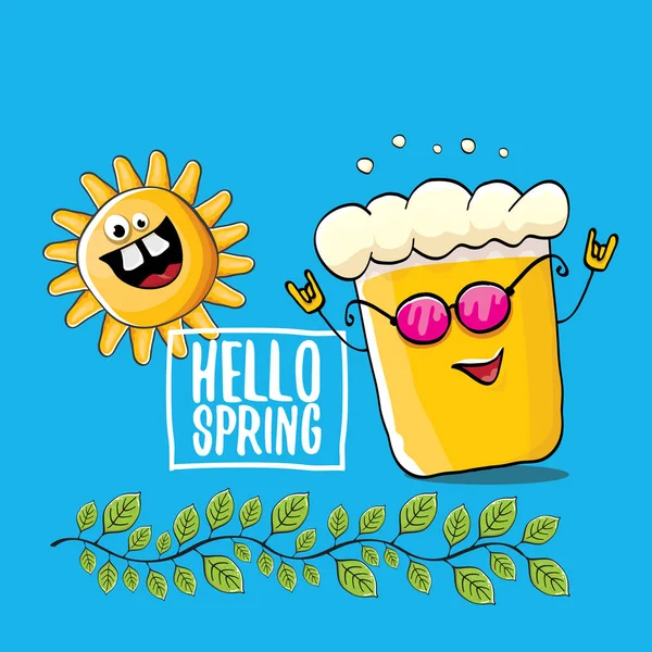 Hello spring concept illustration with vector cartoon funky beer glass character, flowers, green leaves and spring orange sun character isolated on blue background. — Stock Vector