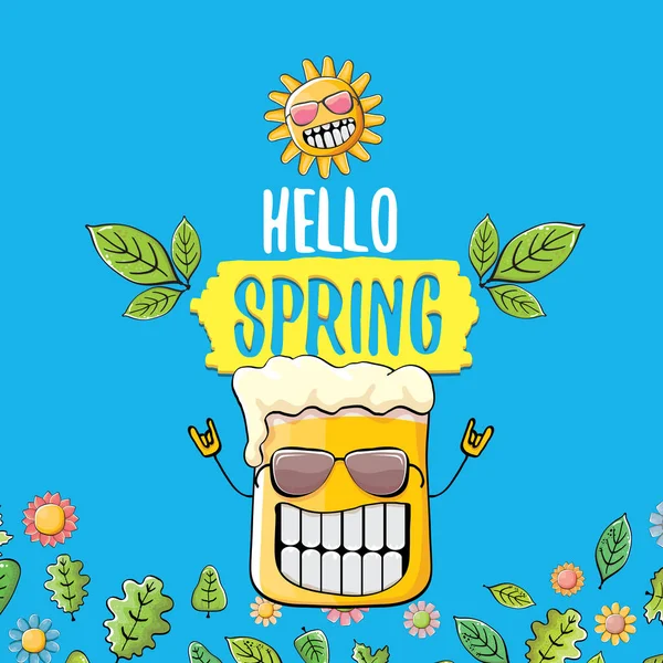 Hello spring concept illustration with vector cartoon funky beer glass character, flowers, green leaves and spring orange sun character isolated on blue background. — Stock Vector