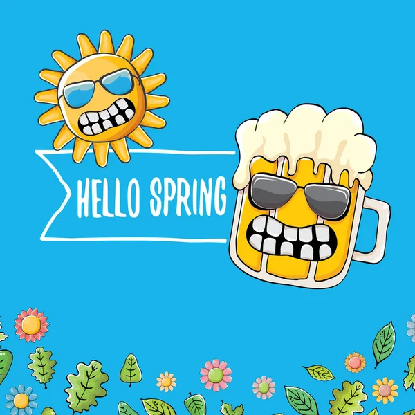 Hello spring concept illustration with vector cartoon funky beer glass character, flowers, green leaves and spring orange sun character isolated on blue background. — Stock Vector