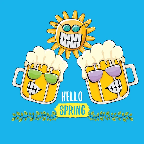 Hello spring concept illustration with vector cartoon funky beer glass character, flowers, green leaves and spring orange sun character isolated on blue background. — Stock Vector