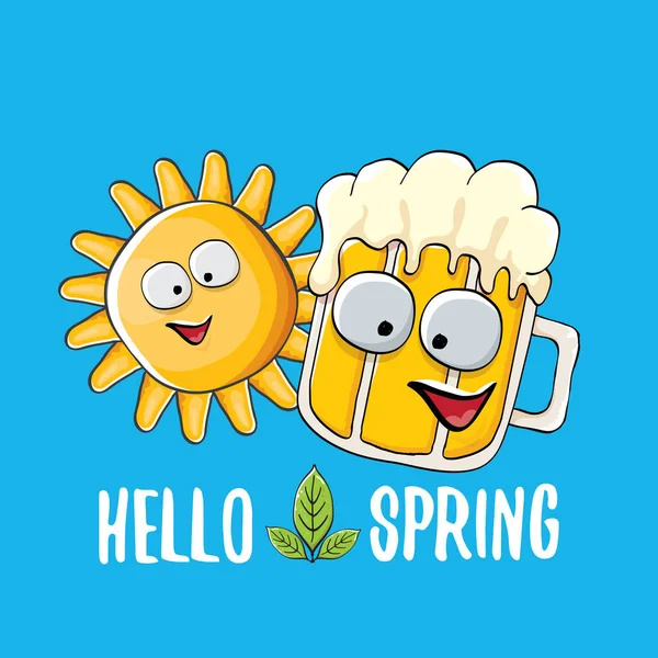 Olá Primavera conceito ilustração com vetor desenho animado funky cerveja vidro personagem, flores, folhas verdes e primavera laranja sol personagem isolado no fundo azul . —  Vetores de Stock