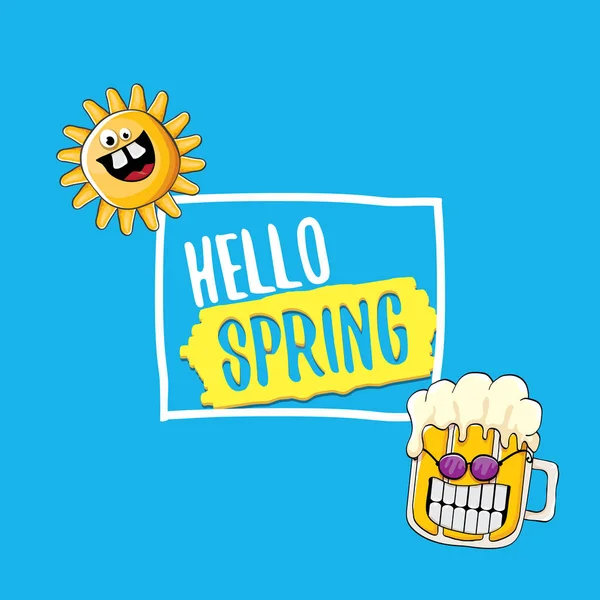 Hola ilustración concepto primavera con caricatura vectorial funky cerveza cristal carácter, flores, hojas verdes y primavera naranja sol carácter aislado sobre fondo azul . — Archivo Imágenes Vectoriales