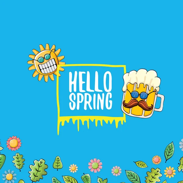 Witam Wiosna koncepcja ilustracja z wektor kreskówka funky piwo szklane charakter, kwiaty, zielone liście i wiosna pomarańczowe słońce charakter izolowane na niebieskim tle. — Wektor stockowy
