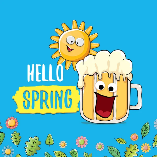Witam Wiosna koncepcja ilustracja z wektor kreskówka funky piwo szklane charakter, kwiaty, zielone liście i wiosna pomarańczowe słońce charakter izolowane na niebieskim tle. — Wektor stockowy