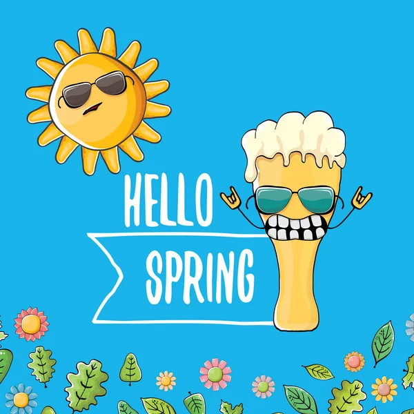 Hello spring concept illustration with vector cartoon funky beer glass character, flowers, green leaves and spring orange sun character isolated on blue background. — Stock Vector