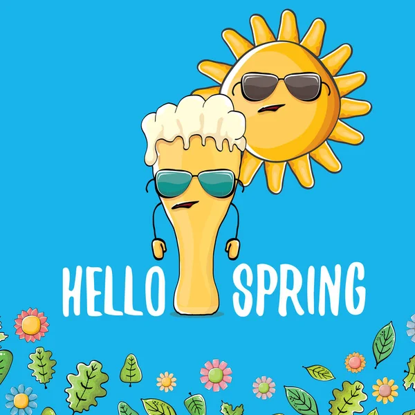 Hello spring concept illustration with vector cartoon funky beer glass character, flowers, green leaves and spring orange sun character isolated on blue background. — Stock Vector