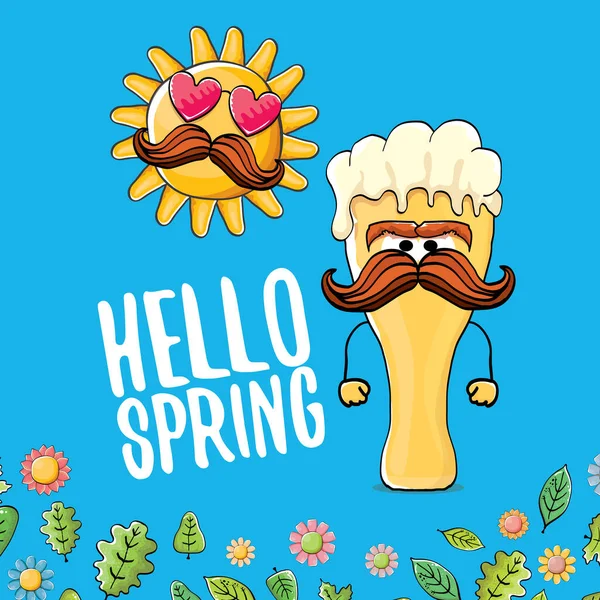 Hello spring concept illustration with vector cartoon funky beer glass character, flowers, green leaves and spring orange sun character isolated on blue background. — Stock Vector