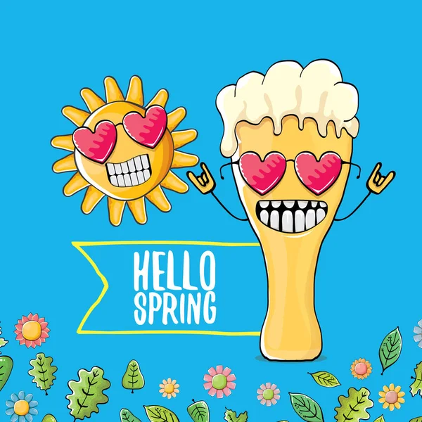 Hello spring concept illustration with vector cartoon funky beer glass character, flowers, green leaves and spring orange sun character isolated on blue background. — Stock Vector