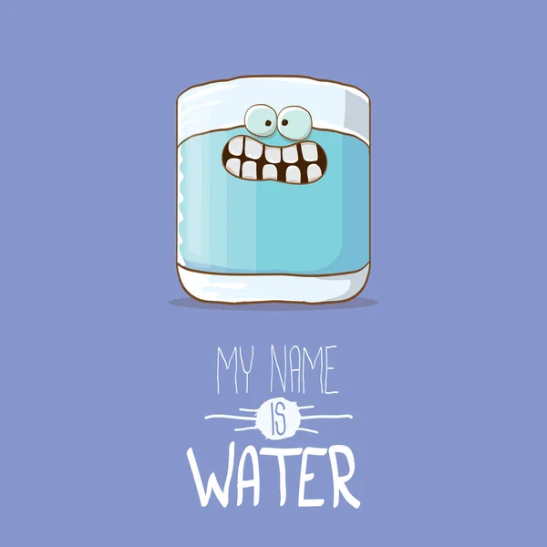 Witzige Karikatur niedlich lächelnd noch Wasser Glasfigur isoliert auf violettem Hintergrund. Mein Name ist Water concept Illustration. Kinder essen Wohnung funky kawaii Charakter — Stockvektor