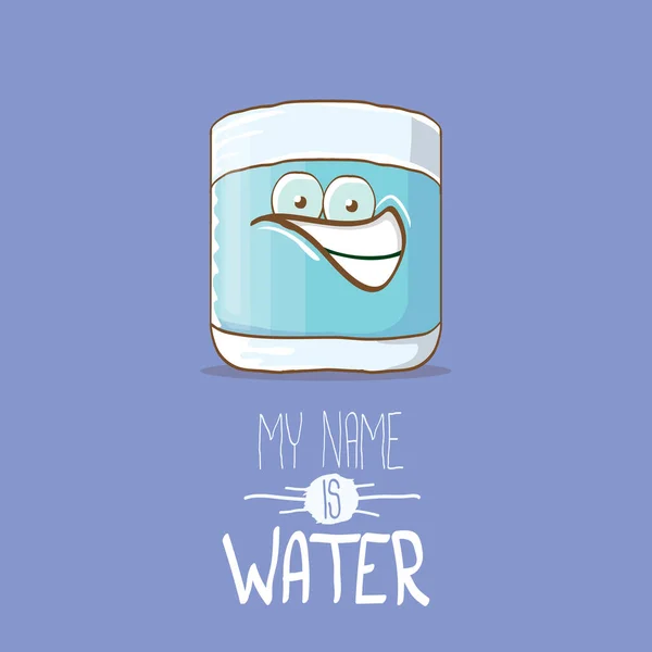 Witzige Karikatur niedlich lächelnd noch Wasser Glasfigur isoliert auf violettem Hintergrund. Mein Name ist Water concept Illustration. Kinder essen Wohnung funky kawaii Charakter — Stockvektor